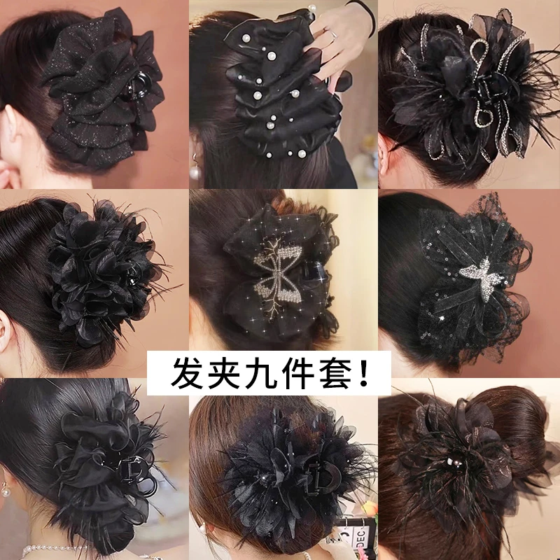 黑色网纱蝴蝶结抓夹后脑勺鲨鱼夹大号盘发气质发夹子2024年新款女