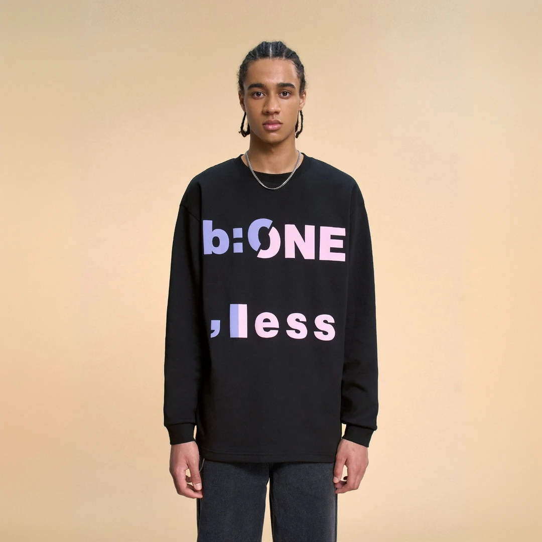 BONELESS抽象大印花字母长袖圆领宽松T恤潮牌春秋上衣简约打底衫