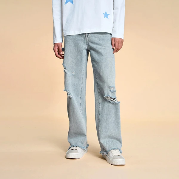 BONELESS宽松阔腿破洞做旧牛仔裤高街洗水百搭直筒裤