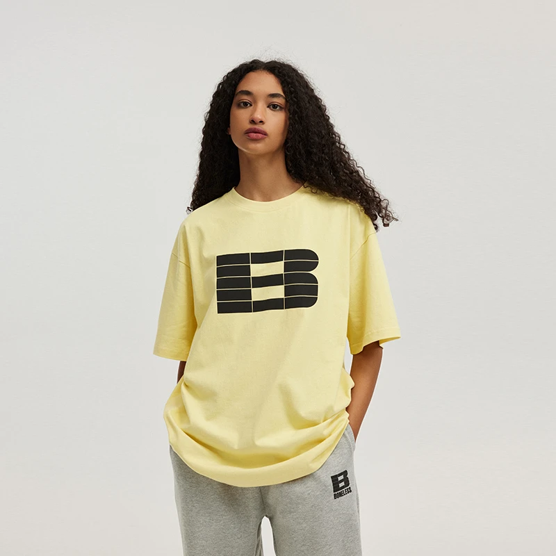 BONELESS发泡擦绒基础logo印花T恤美式高街夏季上休闲情侣宽松简1