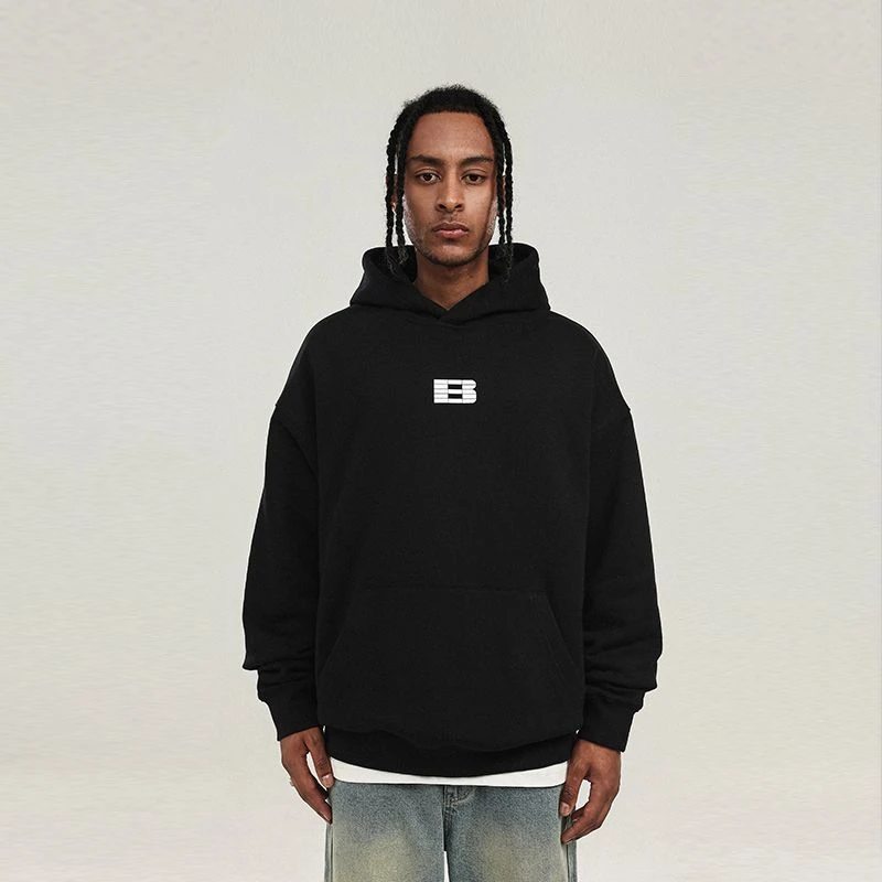 BONELESS网格B字胶印连帽衫重磅卫衣男美式高街潮牌情侣上衣