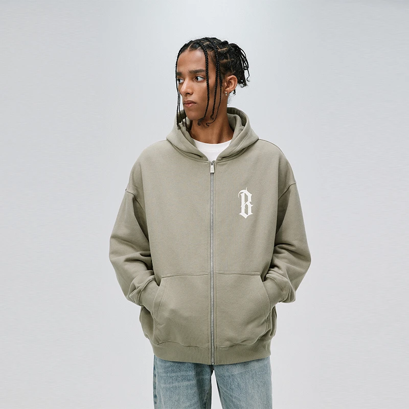 【潮流有效穿搭】BONELESS基础B字印花拉链开衫连帽卫衣休闲秋季