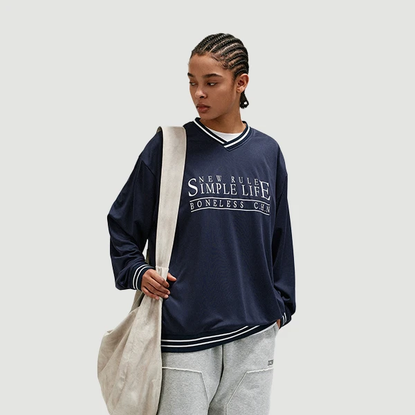 【无语不方】复古V领长袖T恤透气polo衫宽松运动网球衫打底上衣男女