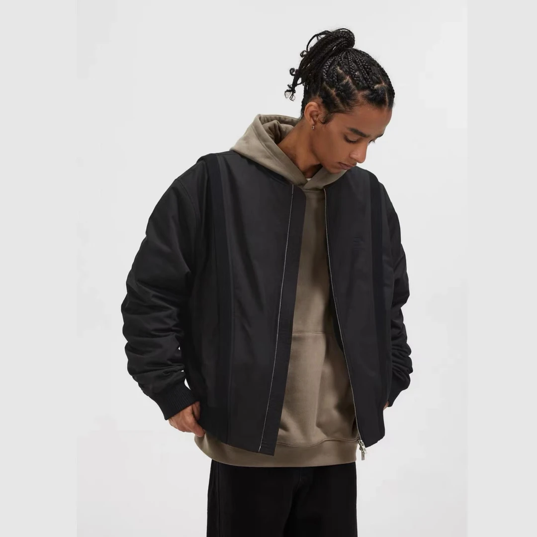 BONELESS解构拼接螺纹飞行员夹克美式双层立领棉棉服