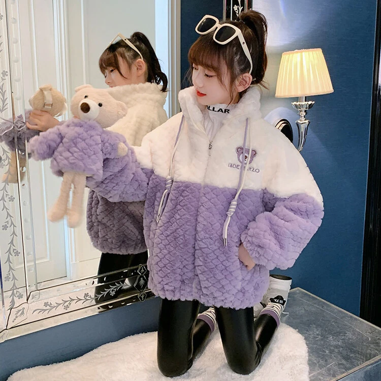 女童加绒加厚外套秋冬2023新款洋气中大童冬装羊加绒儿童毛毛上衣