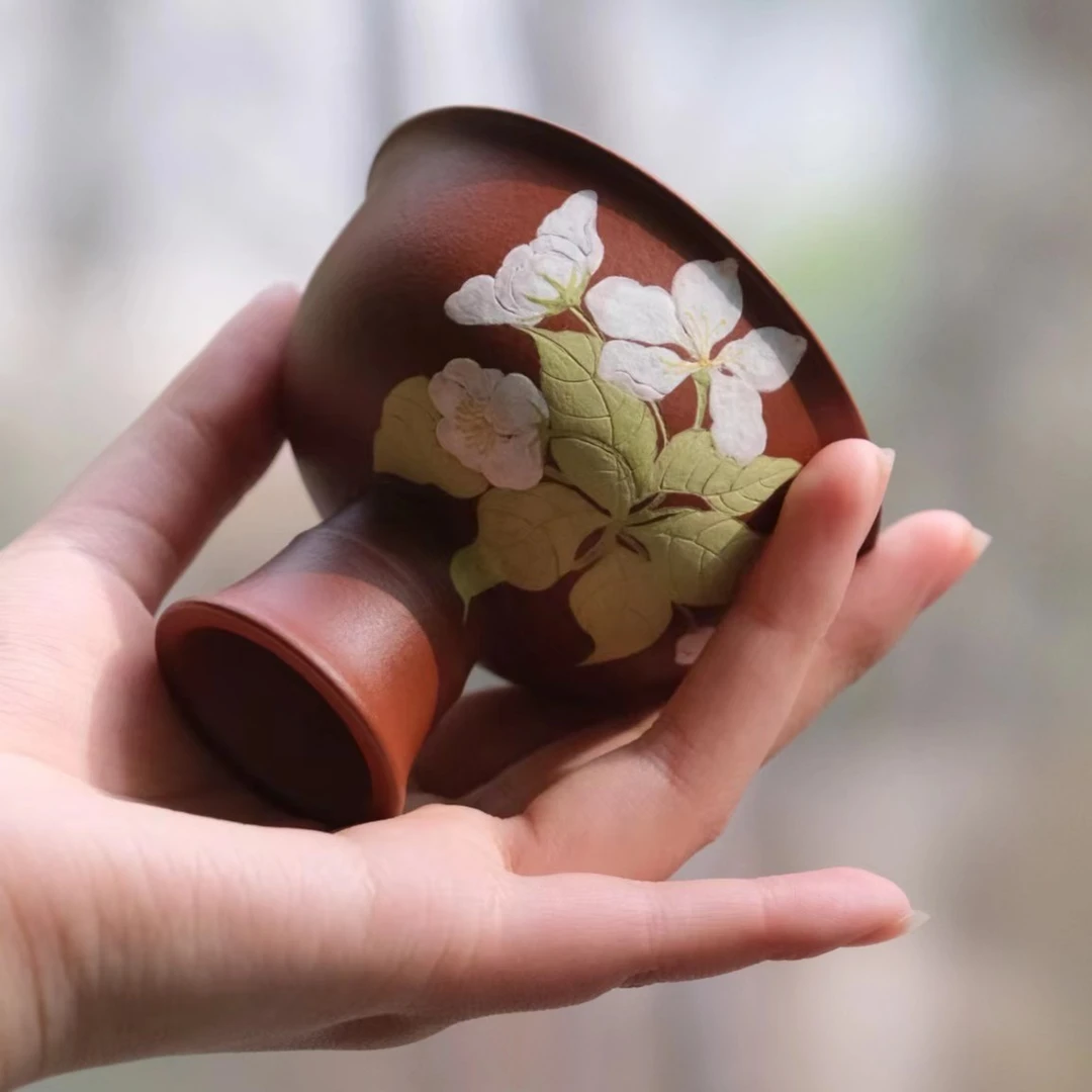 观一优选| 宜兴手工三千集·29垂丝海棠90ml朱泥手绘紫砂杯主人杯