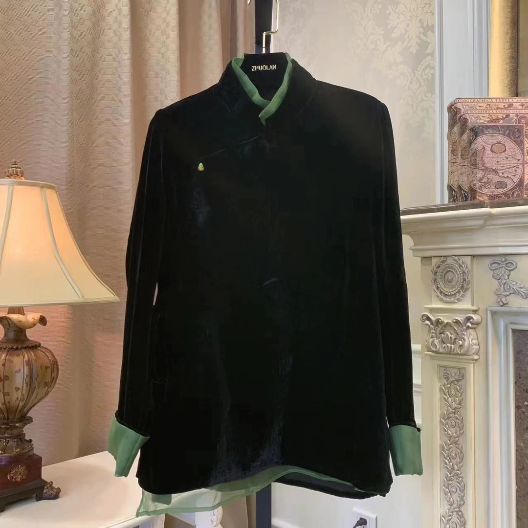 3388蚕丝丝绒小衫拼接撞色长袖网红时尚女士国风新中式气质上衣