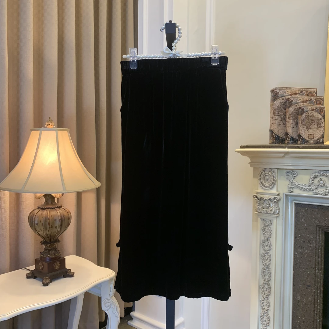 001943-1真丝绒黑色气质半身裙提花网红时尚百搭复古开叉中长款