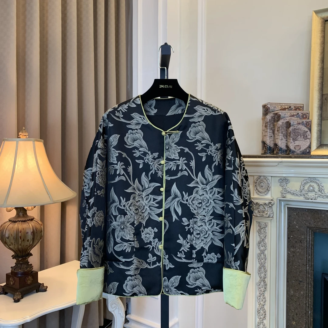 3342富贵 提花棉服气质圆领国风宽松女士薄棉冬季