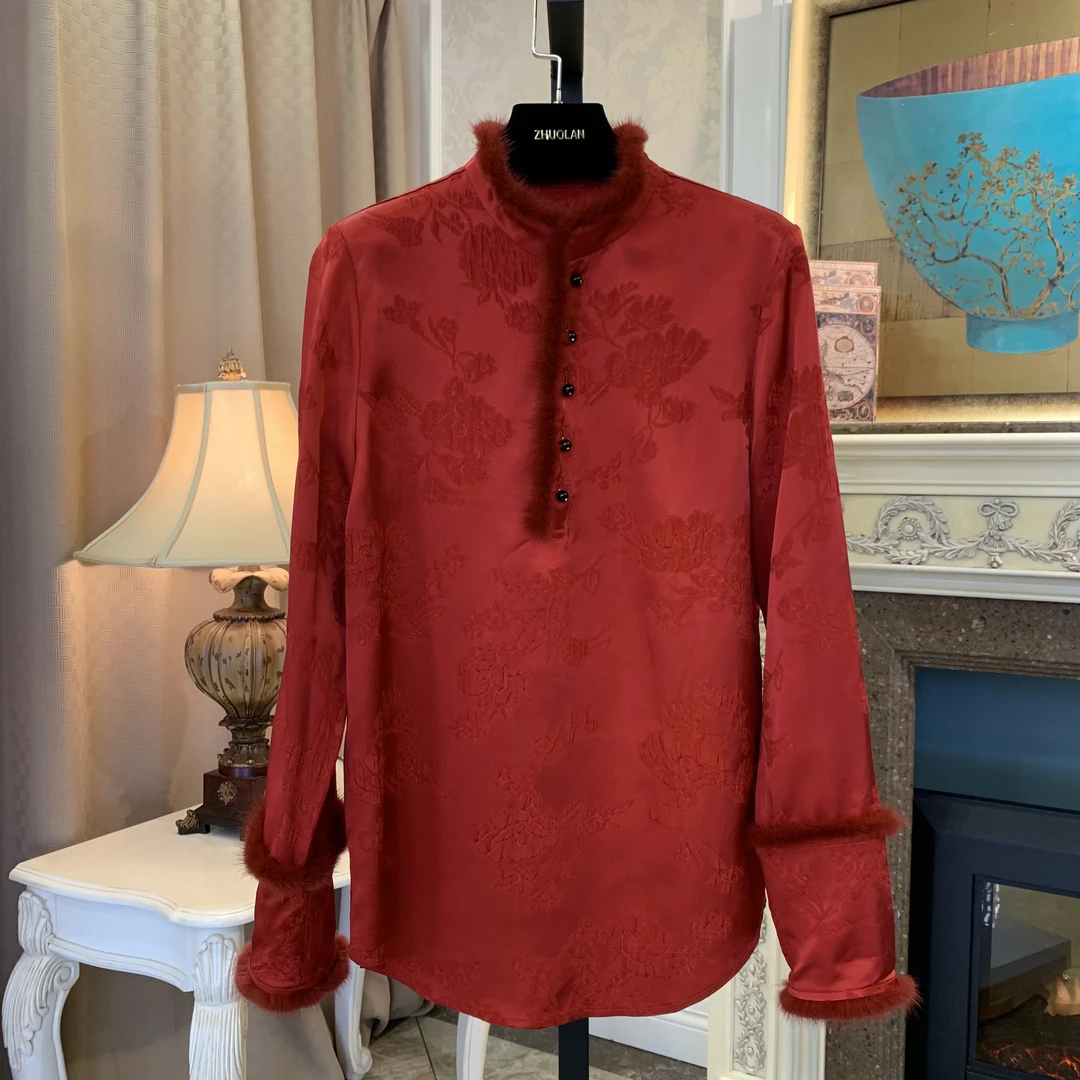 887039衬衣衬衫中国风红色复古女士新中式提花长袖网红时尚（58）