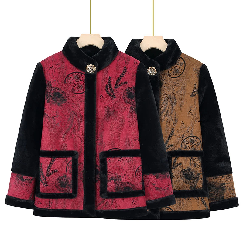 奶奶冬装棉衣中老年人女妈妈加绒加厚仿皮草外套老太太一体绒棉袄