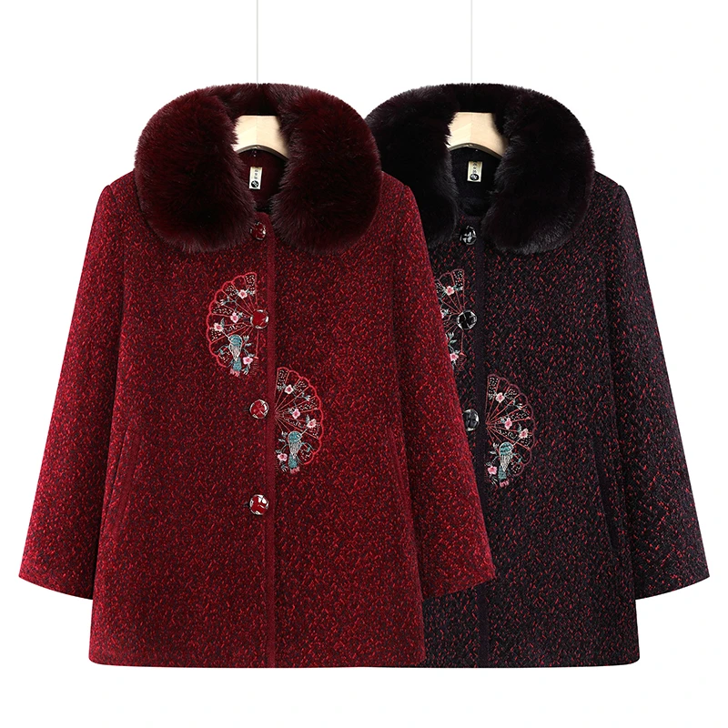 中老年人奶奶装毛呢大衣秋冬季加绒外套喜庆生日2024新款妈妈冬装