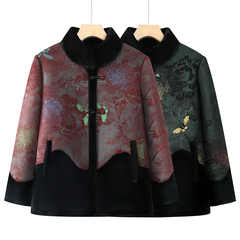 老年人冬季棉服妈妈冬装新款皮毛一体外套60岁老太太加绒加厚棉袄