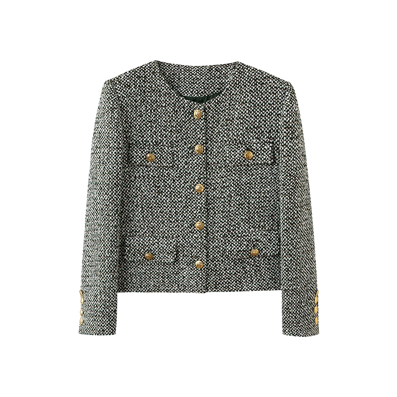 【橄榄】经典小香风气质长袖短款时尚百搭女士粗花呢7060