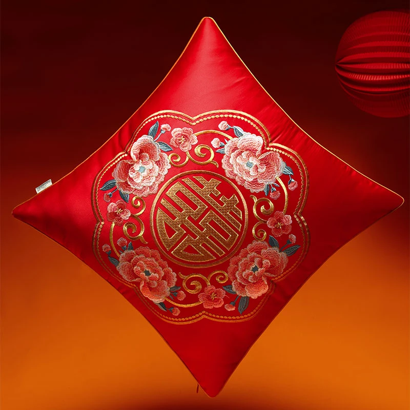 红色喜庆结婚抱枕枕头新中式床上靠枕靠垫婚庆抱枕套刺绣定制爆款