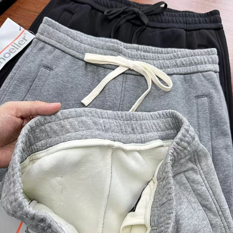 高克重针织面料男秋冬宽松直筒加绒保暖休闲运动束脚卫裤 23005