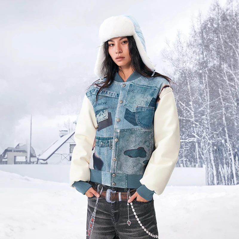 YADcrew亚德鲁 灼烧牛仔打印棒球夹克新款美式街头百搭外套上衣男