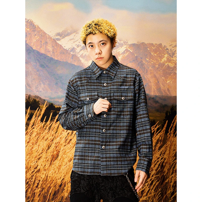 YADcrew亚德鲁 特殊网格纹理衬衫宫廷结构格子男街头休闲百搭上衣