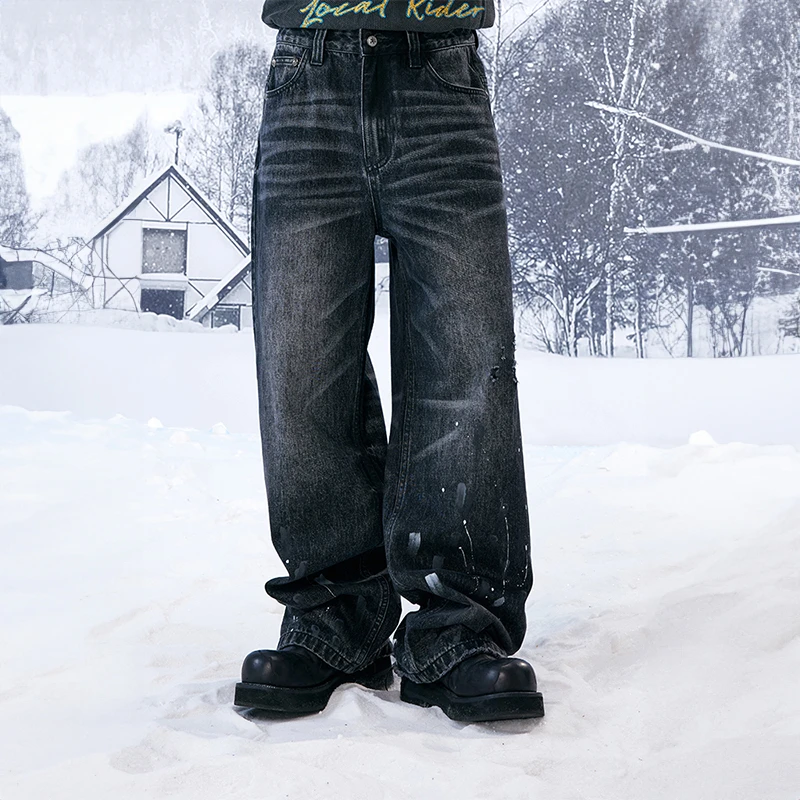 YADcrew亚德鲁 重工水洗泼墨破坏宽松牛仔裤潮流新款高街休闲长裤