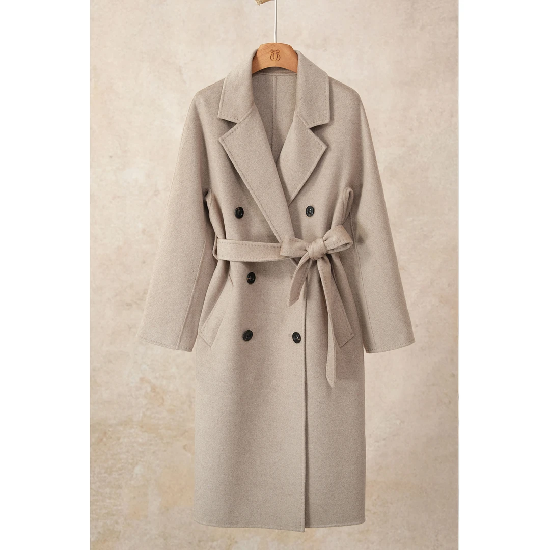 西子/【经典801】山羊绒桑蚕丝澳毛H型系带双面呢大衣/DYFD001