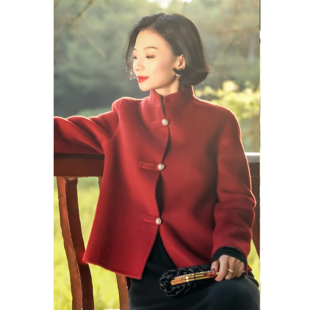 西子/【惊鸿】高支绵羊毛新中式立领拼色双面穿双面呢大衣/DYXP055