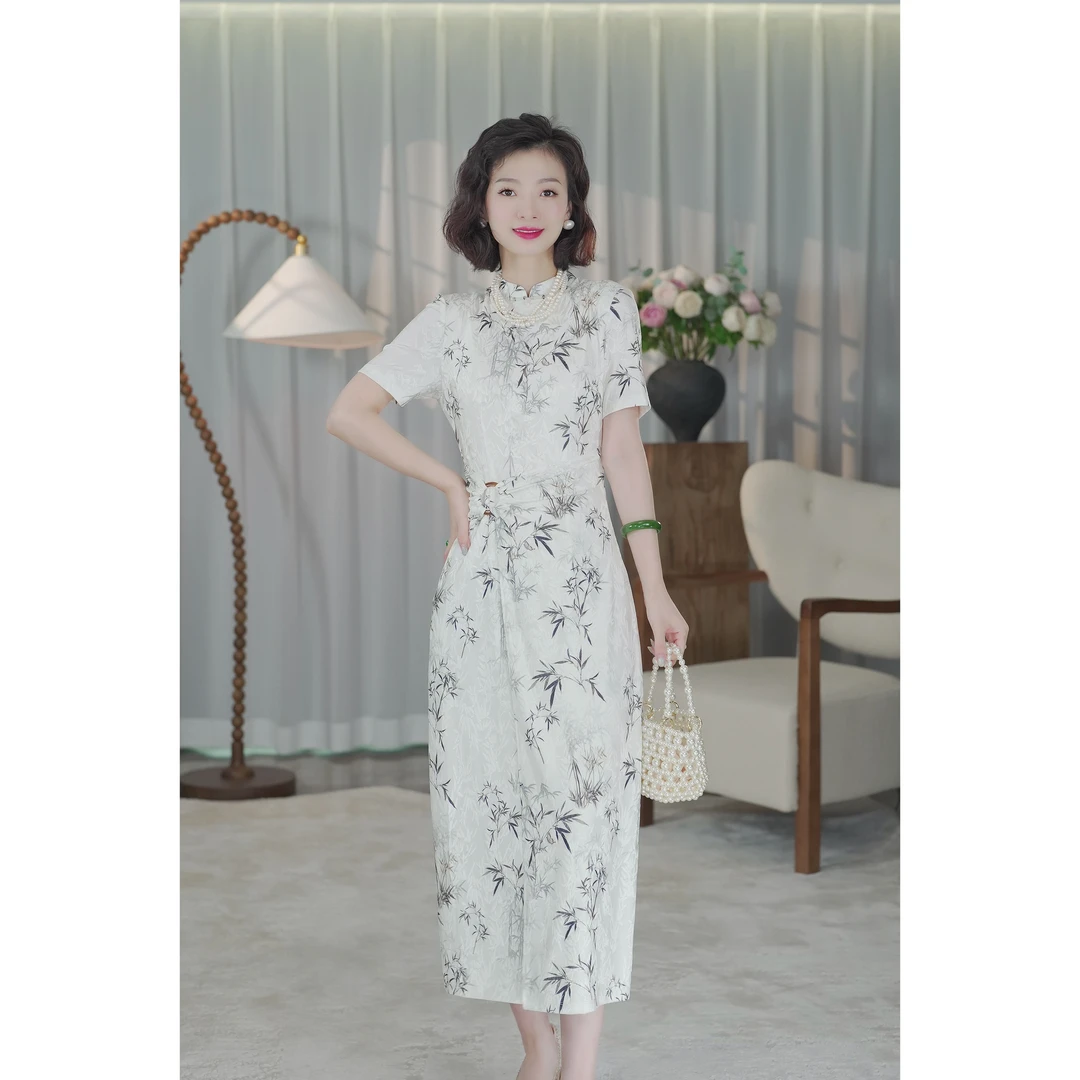 西子/【竹枝词】新中式竹叶水墨冰丝气质改良旗袍连衣裙/QPBH089