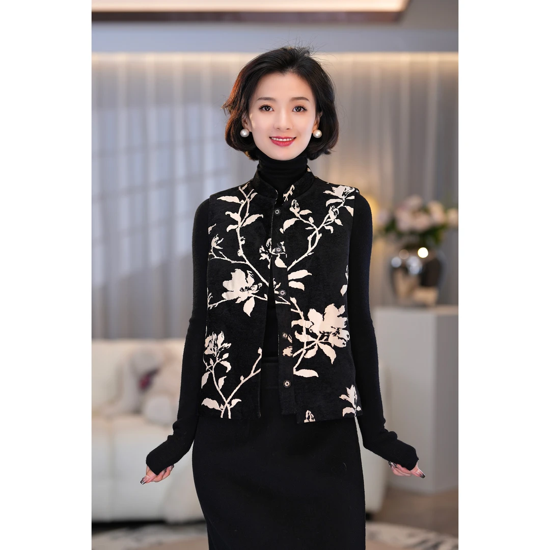 西子/【繁花】提花立领对襟复古新中式外穿对花黑色马甲/MJLL126