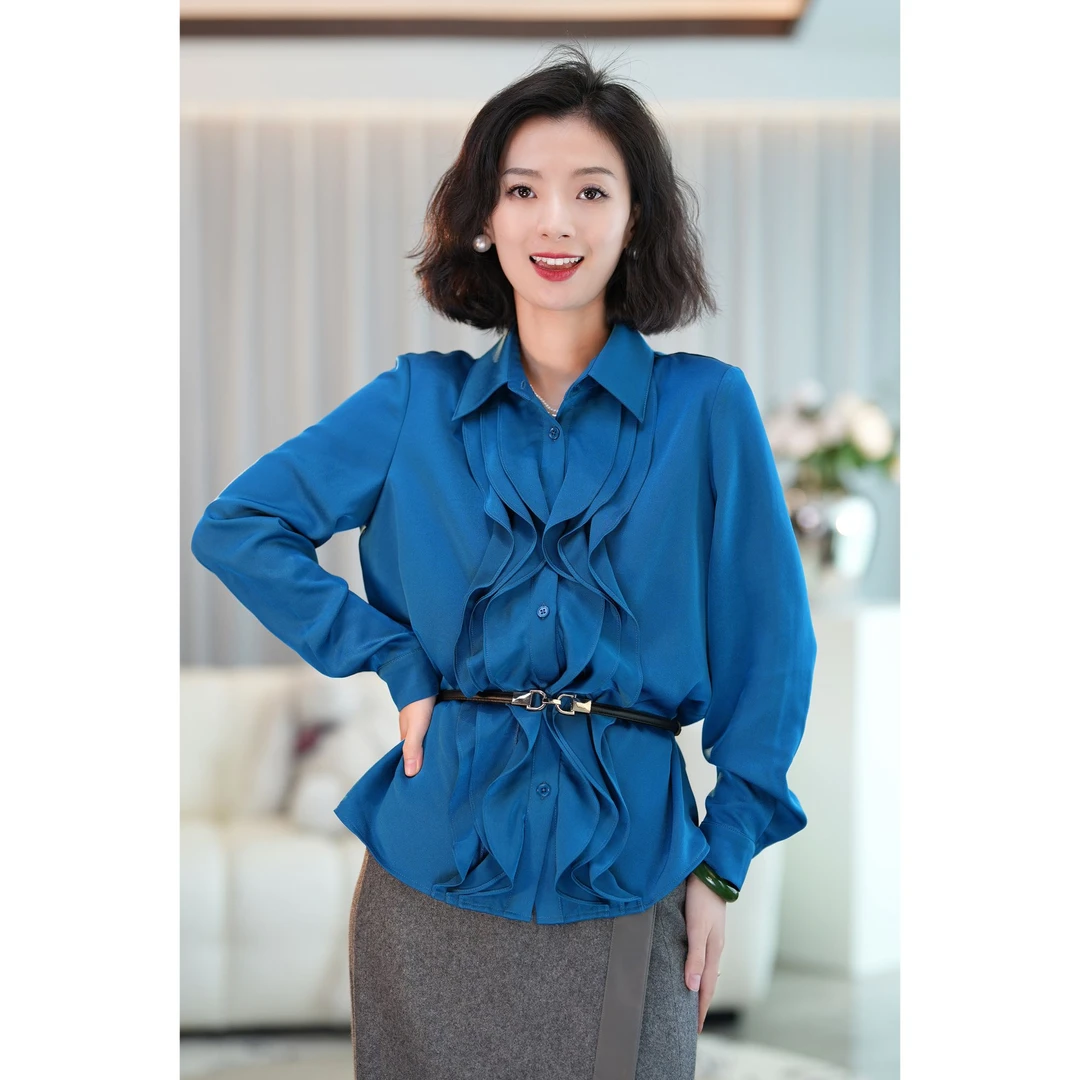 西子/宝石蓝显瘦法式上衣优雅荷叶边醋酸长袖衬衫高级款/CSLZ086