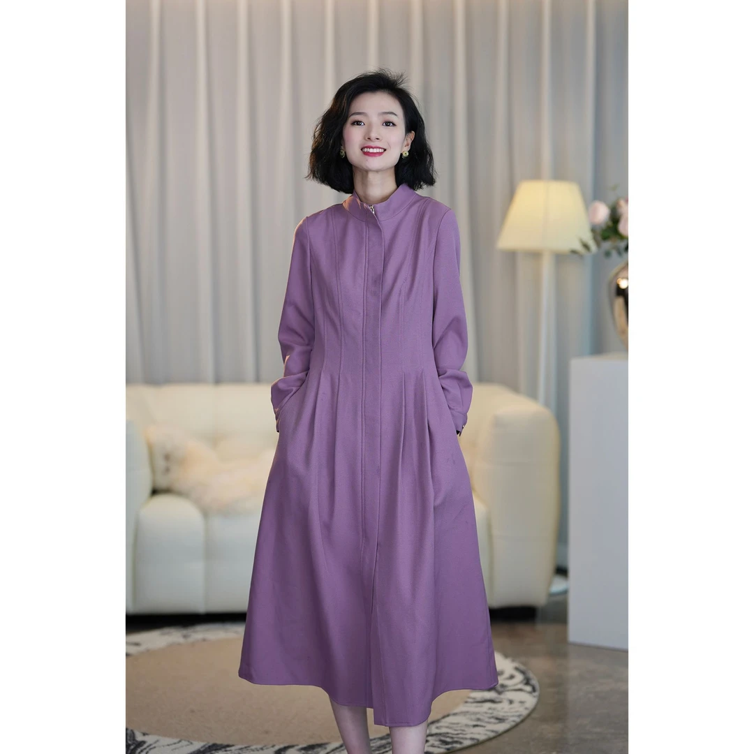 西子/立领法式优雅高定立裁收腰显瘦气质风衣式连衣裙/CQLL059