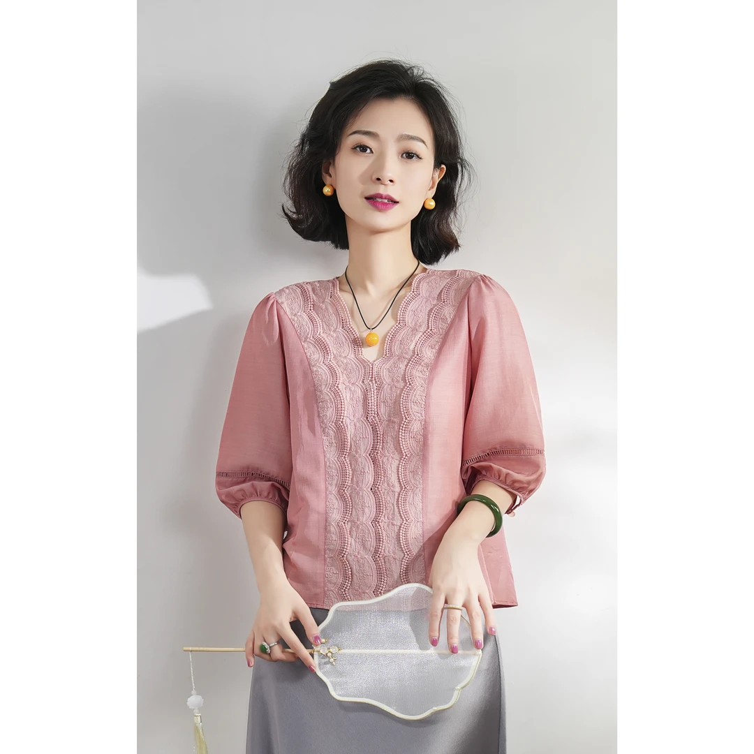 西子/【浮生若梦】醋酸法式重工蕾丝花边泡泡袖衬衫上衣/SYBH243