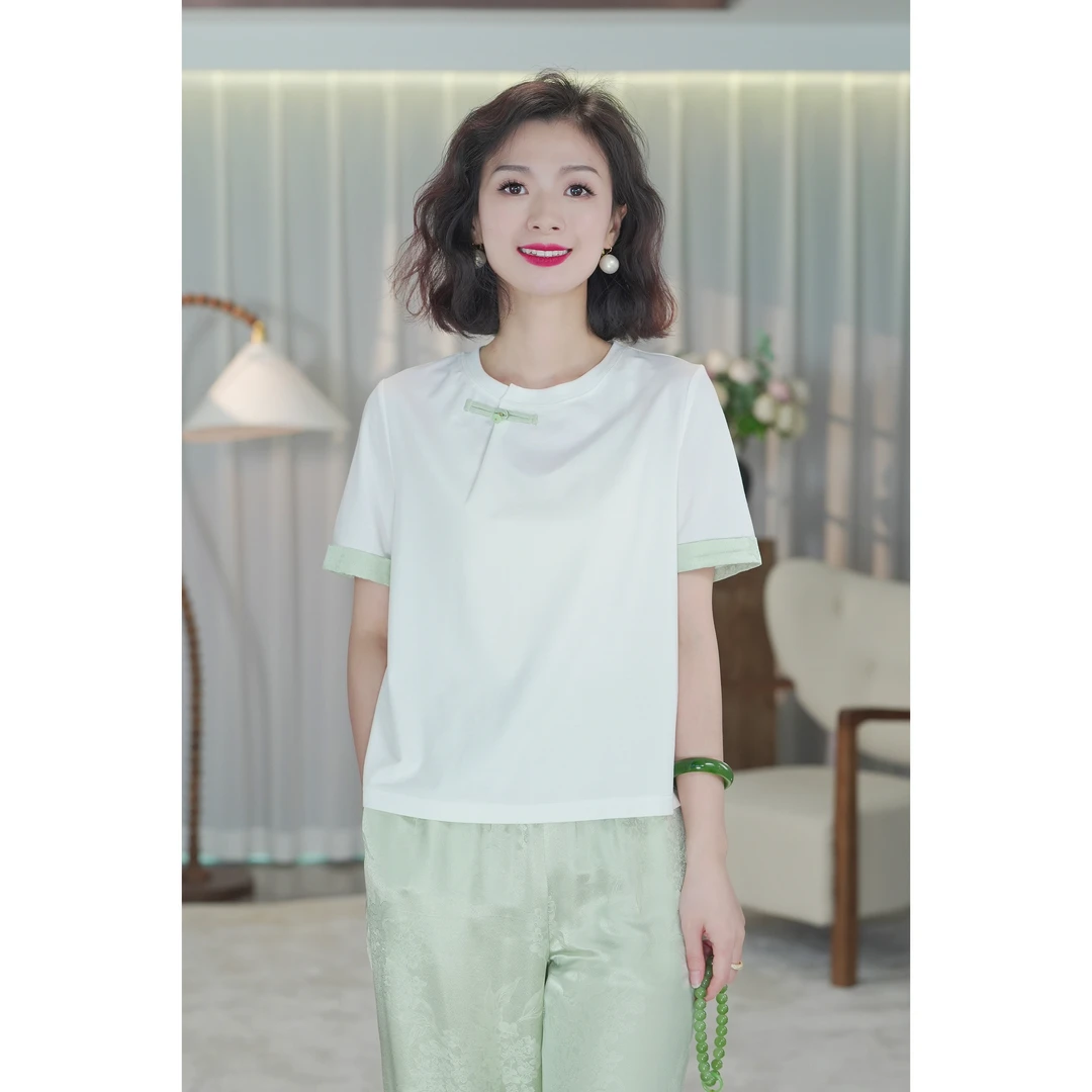 西子/桑蚕丝人丝新中式圆领时尚拼接撞色休闲短袖上衣T恤/SYLZ208