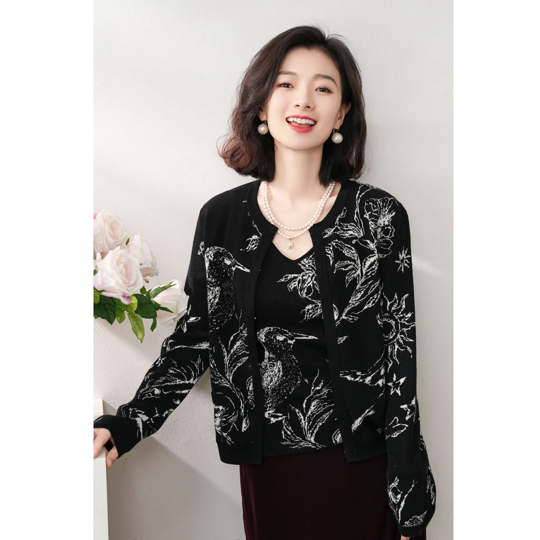 西子/【墨色花鸟】进口绵羊毛中鼎花鸟90'S针织开衫套装/MSBH457