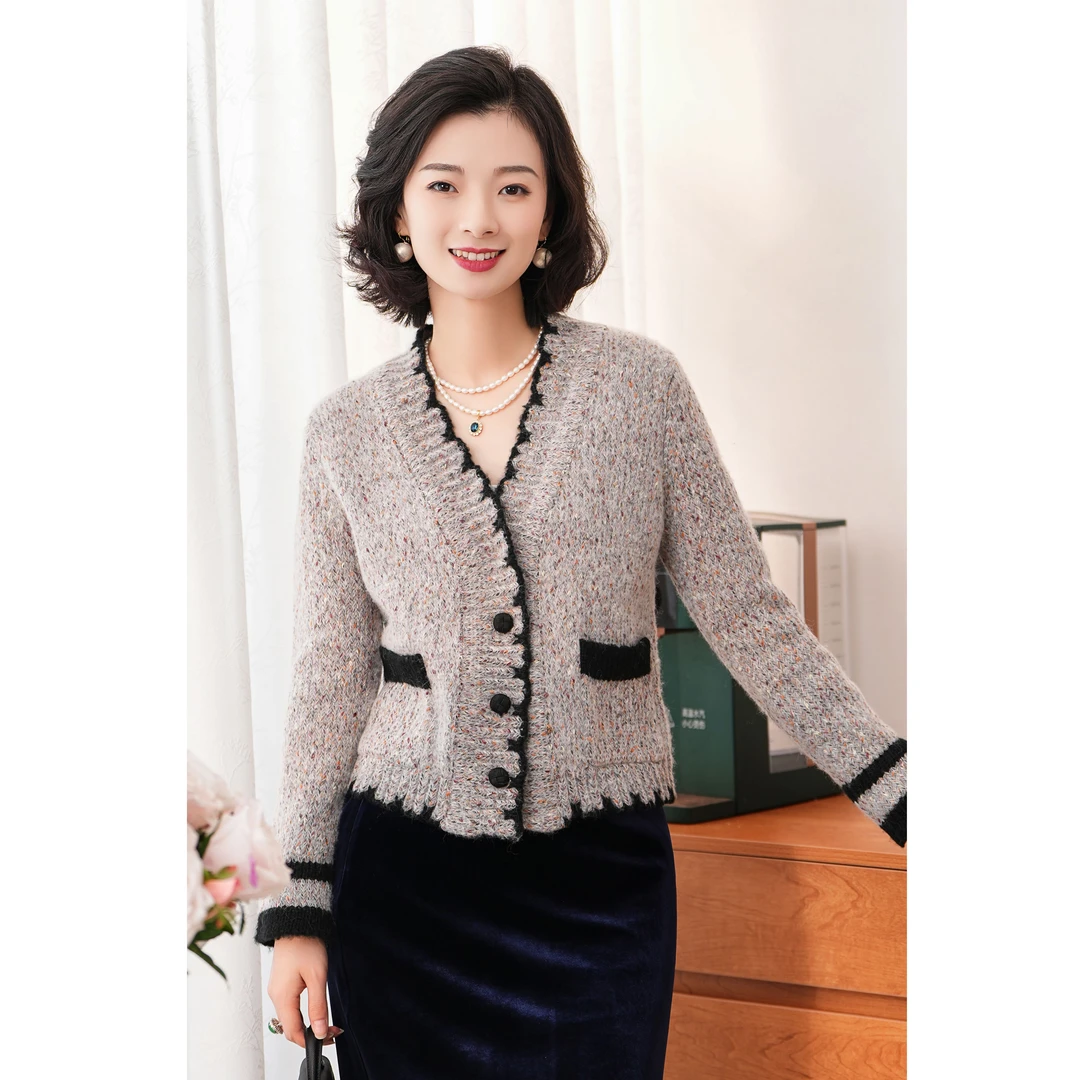 西子/【韵律织纹】羊毛撞色古典小香风外套毛衣针织衫/MSBH614