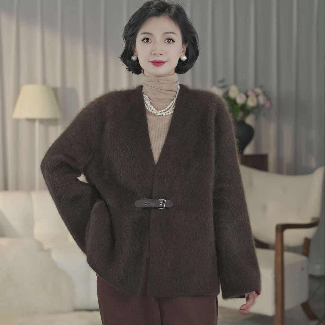 西子/【高原雪绒】V领慵懒风牦牛绒头层牛皮扣针织开衫/MSTGL005