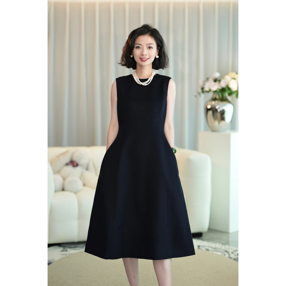 西子/【丝绒羊毛】赫本风藏青色优雅羊毛背心女装连衣裙/CQJH049