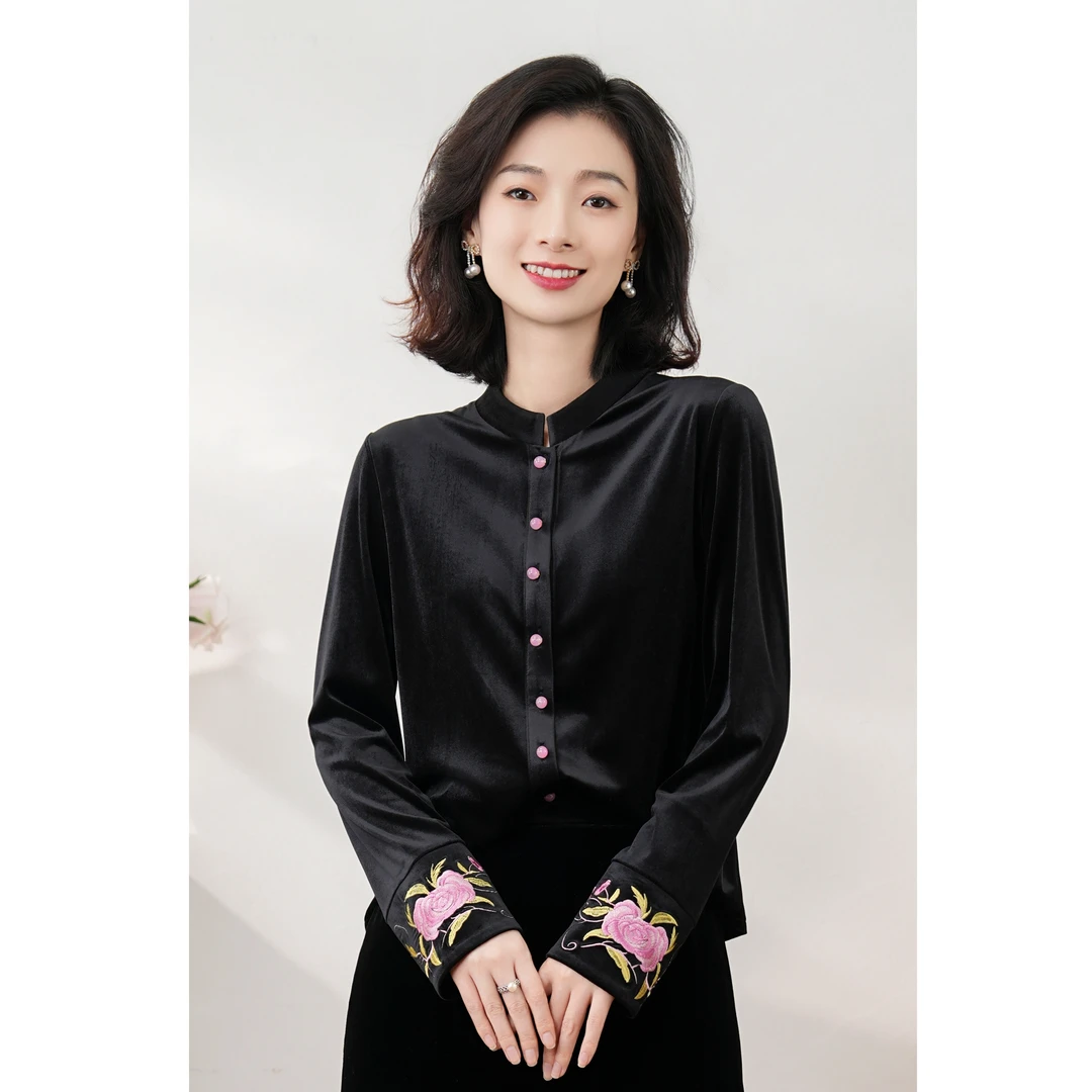 西子/【夜与蔷薇】进口韩国绒丝绒刺绣中式扣衬衣上衣开衫/WTBH498