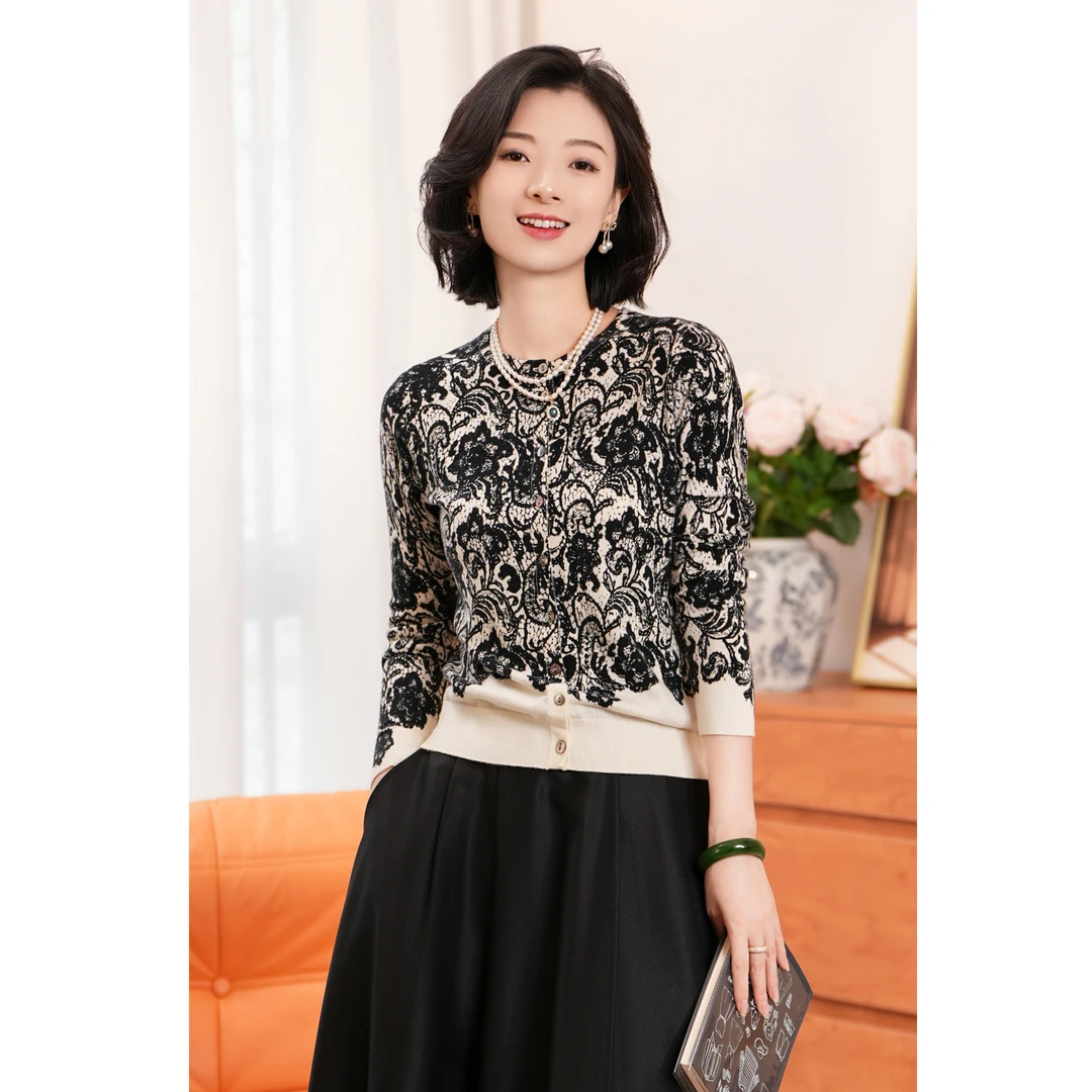 西子/【菲林假日】精纺羊毛中鼎乱花拓印撞色针织衫开衫/MSBH517