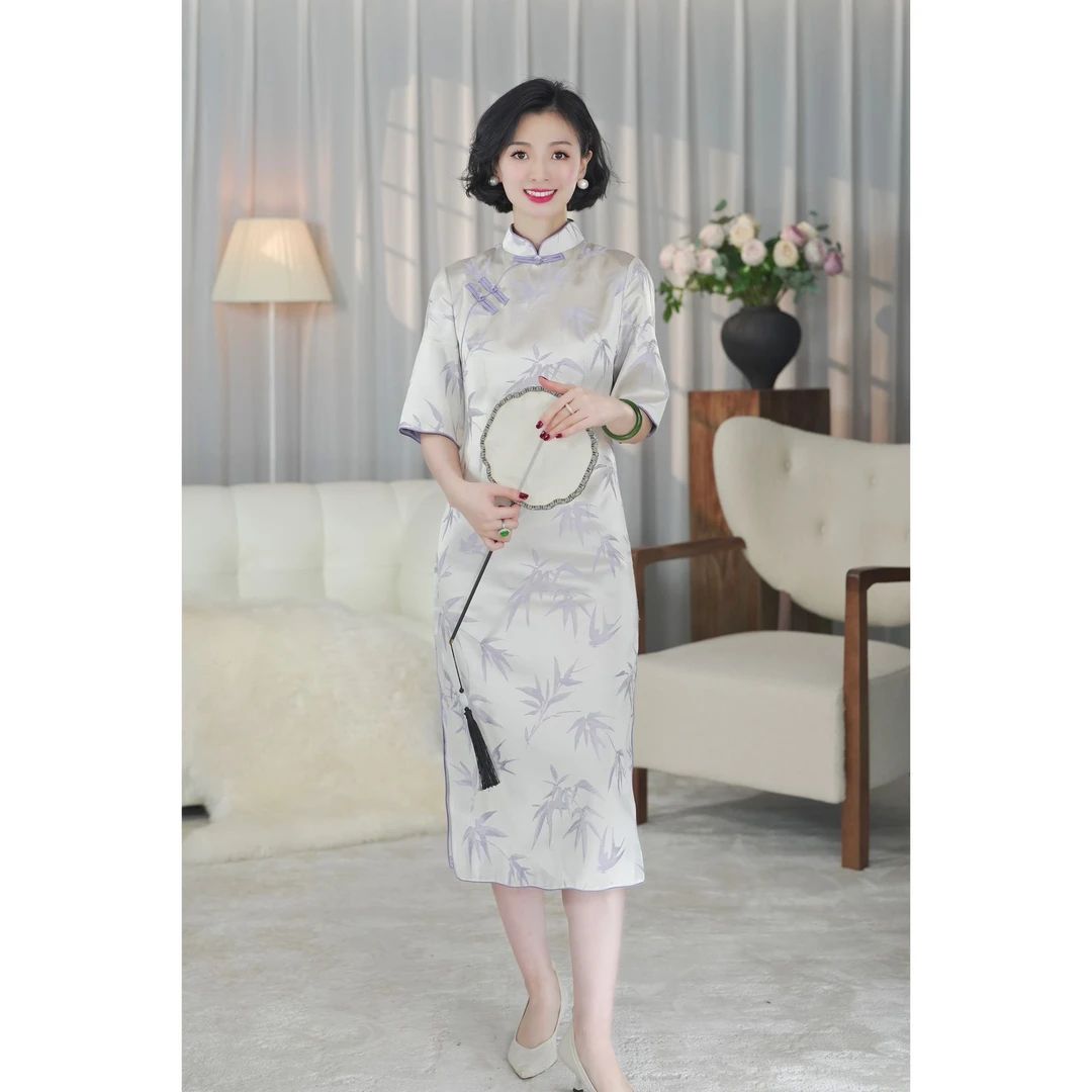 西子/【竹摇清影】国风斜襟一字扣竹叶提花国风旗袍连衣裙/QPLZ122