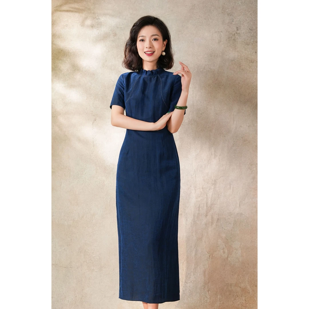 西子/【阴丹士林蓝】香云纱花瓣领国风气质短袖旗袍连衣裙/QPBH142