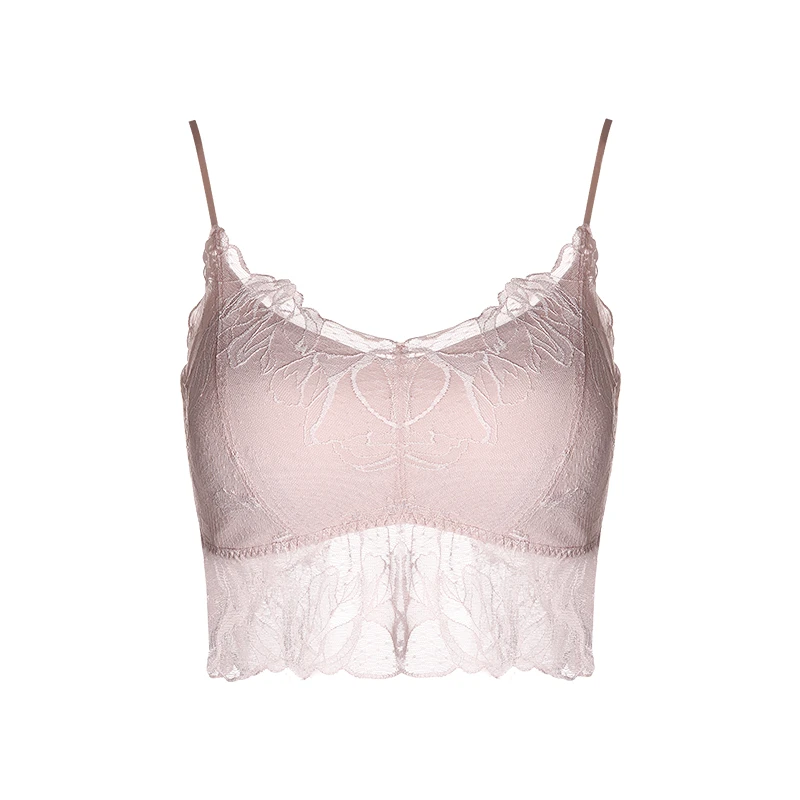 西子/桑蚕丝蕾丝V领美背杯垫可拆卸内衣百搭短款吊带上衣/MNC114