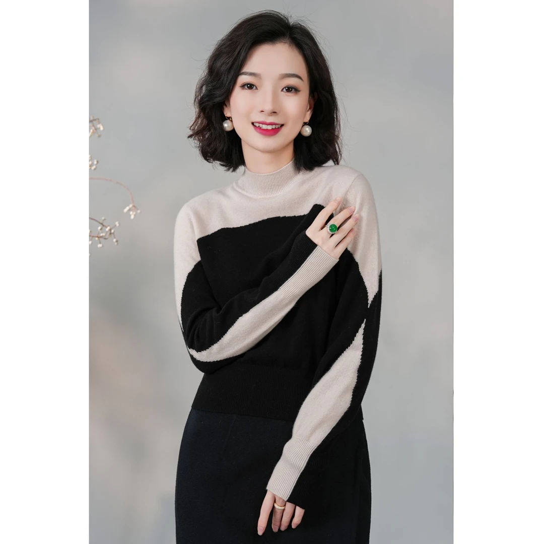 西子/【艺术旅途】精梳绵羊毛撞色法式简约上衣毛衣针织衫/MSBH301