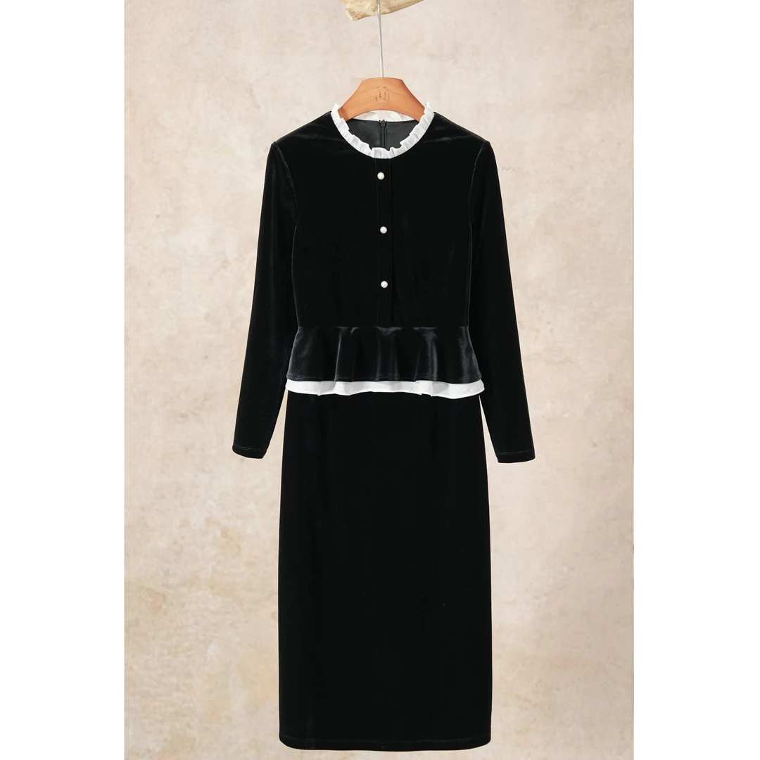 西子/【黑白旋律】进口韩国丝绒法式撞色收腰高腰连衣裙/CQHC002