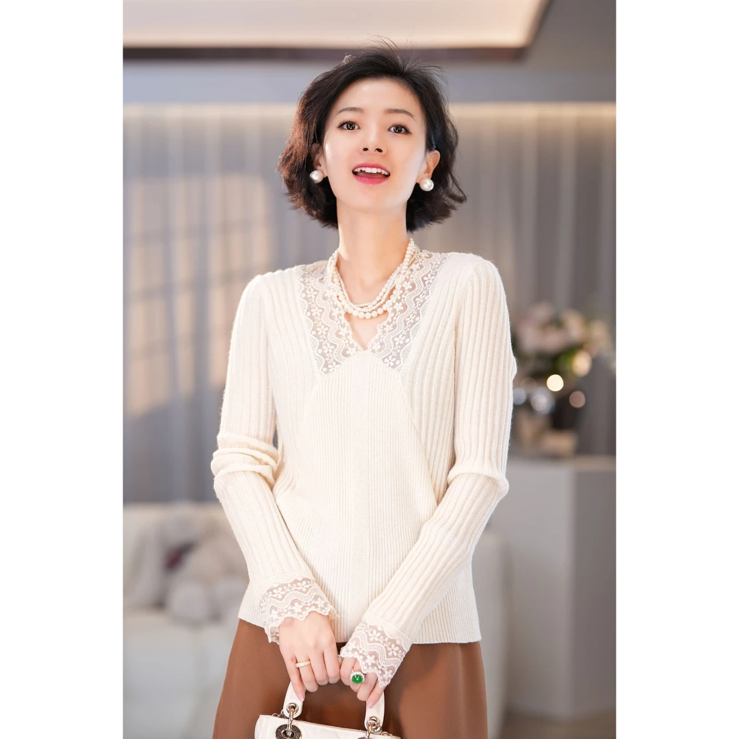 西子/时尚拼接气质羊绒高支竖坑条针织长袖衫羊毛毛衣/MSLZ091