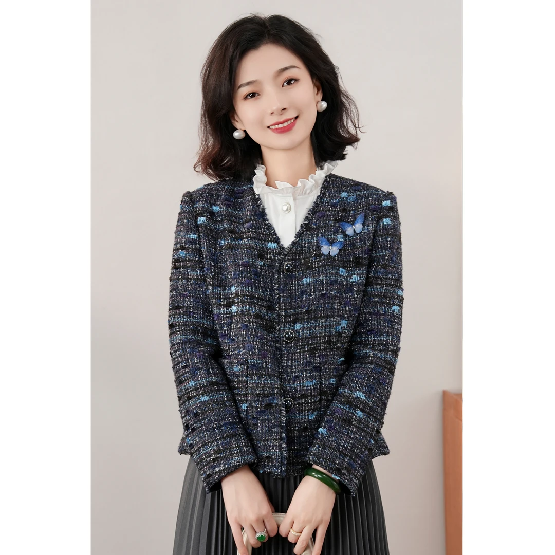 西子/【极光蝶海】银丝花呢带蝴蝶胸针高定感小香风外套/WTLL389