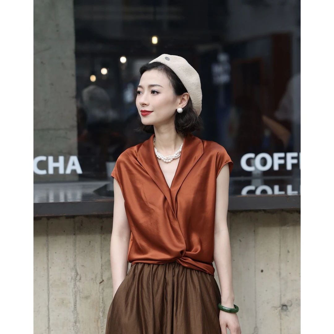 西子/"银凌"纽结慵懒法式收腰显瘦复古v领上衣气质衬衫/SYLZ009