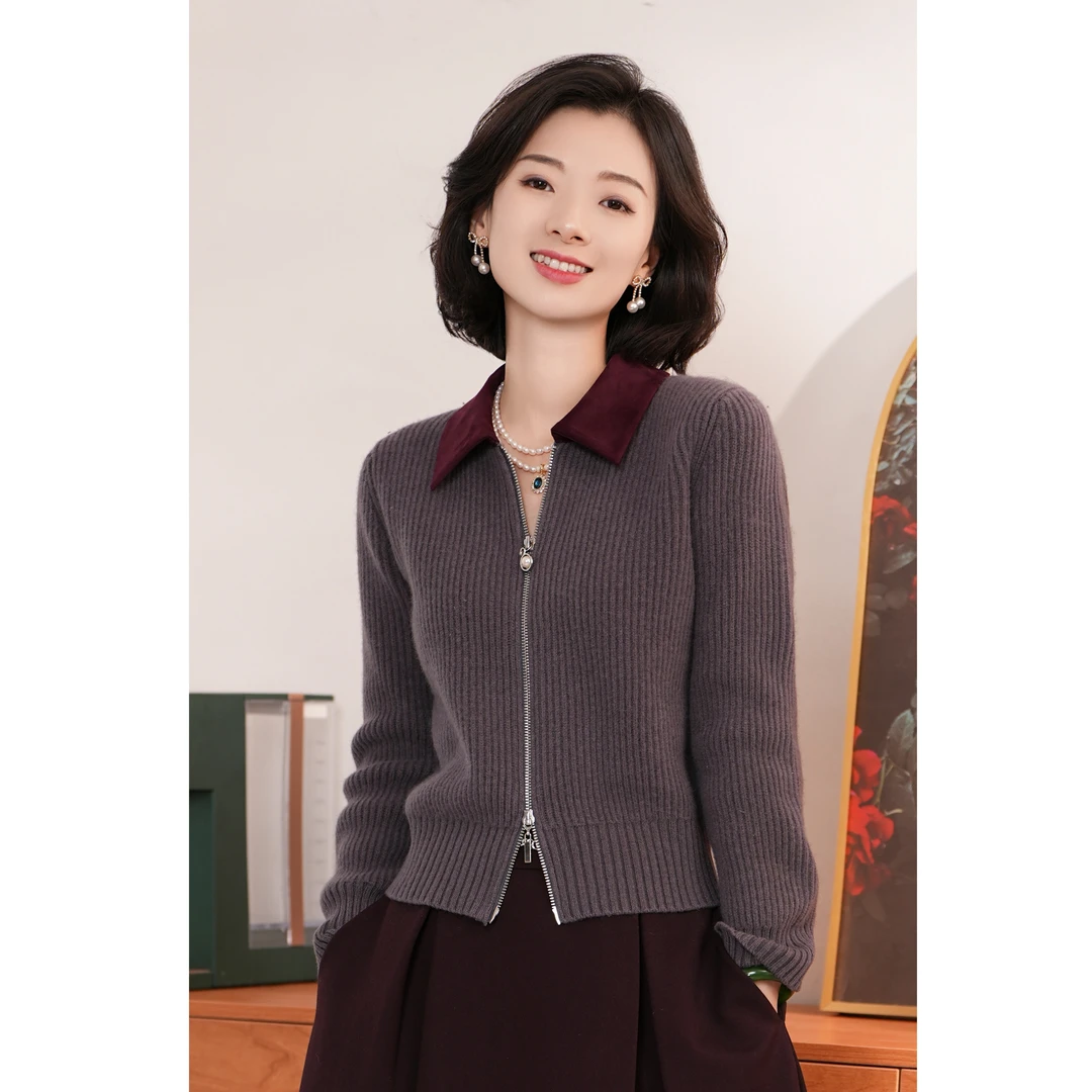 西子/【沙漠玫瑰】进口绵羊毛麂皮绒撞色针织杉上衣外套/MSHC014