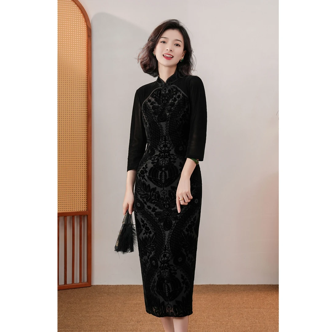 西子/【复古名伶】桑蚕丝国风丝绒提花旗袍连衣裙/QPBH215