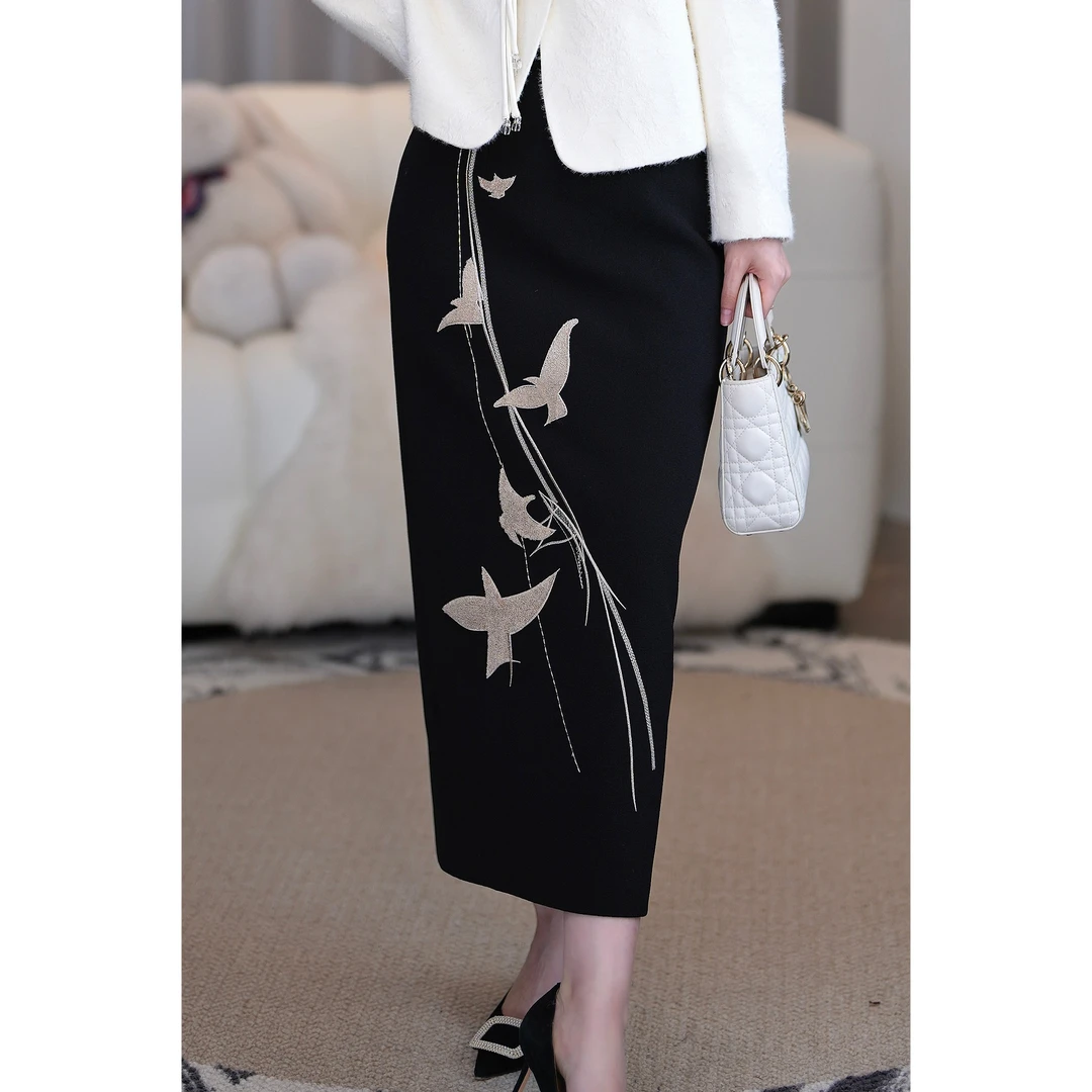 西子/秋冬新中式高级飞鸟刺绣气质国风半身裙显瘦半裙/BQLZ092