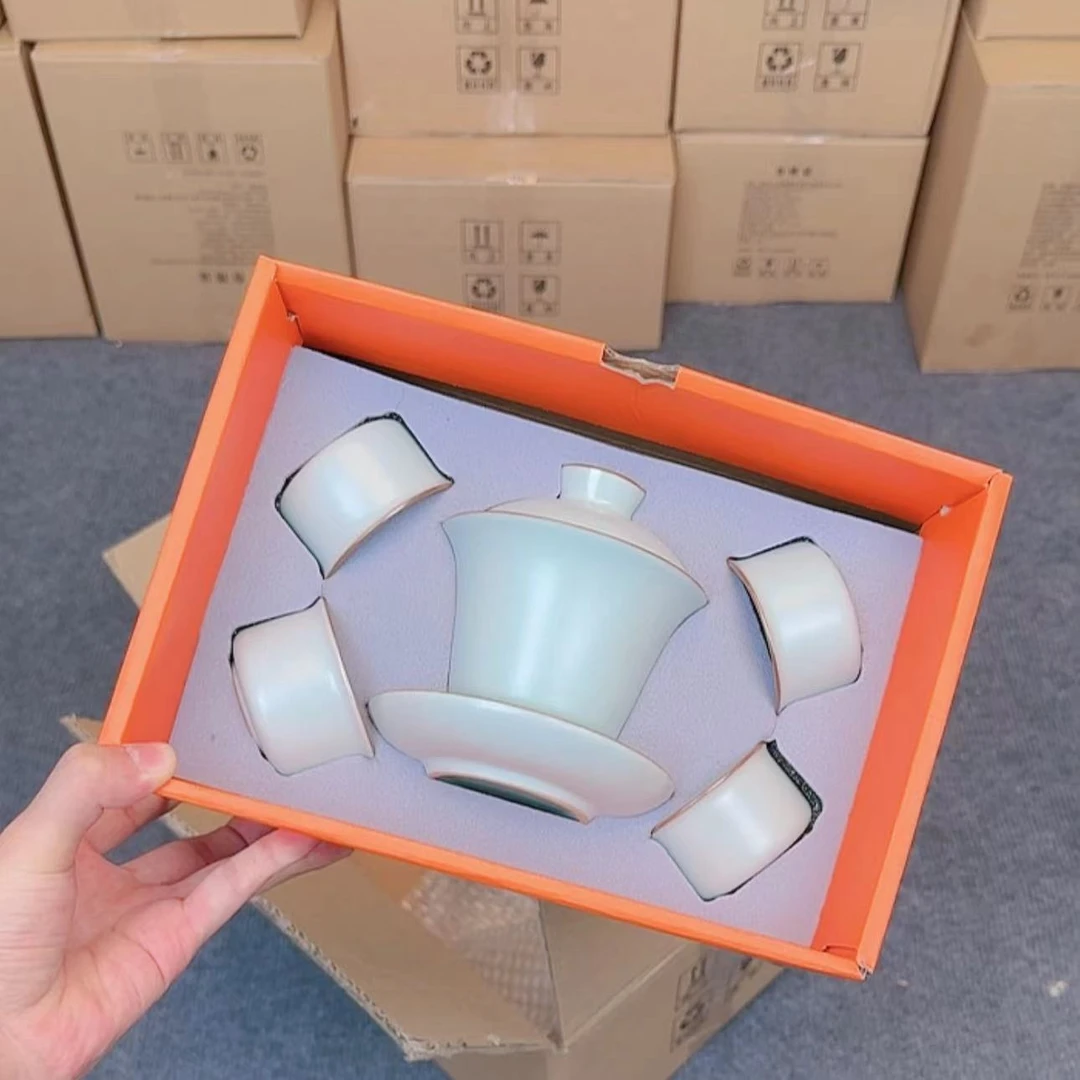 长泓茶器/汝窑山水情盖碗套装带四杯高档陶瓷礼盒装精美
