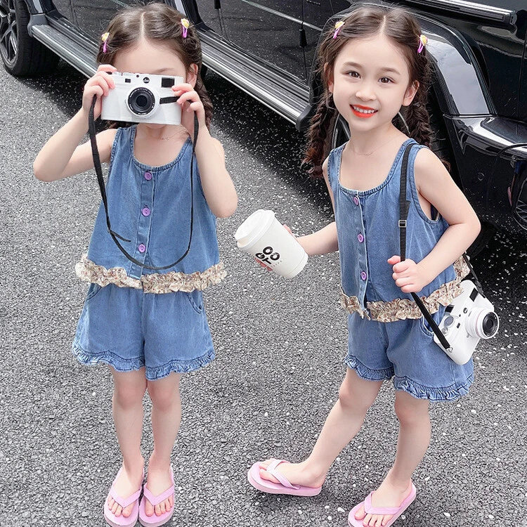 2024夏季新款花边牛仔背心套装女童洋气时髦儿童装女宝宝两件套潮